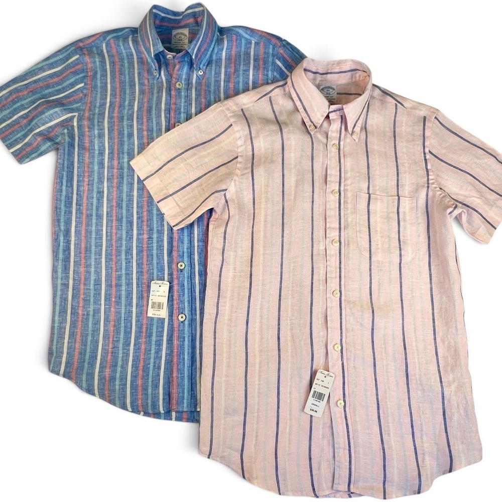 NWT 2 Brooks Brothers Men's XS 1818 Regent Fit Linen Pink Blue Striped Shirt $98